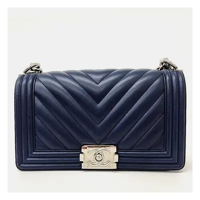 Chanel Navy Blue Chevron Leather Medium Boy Bag