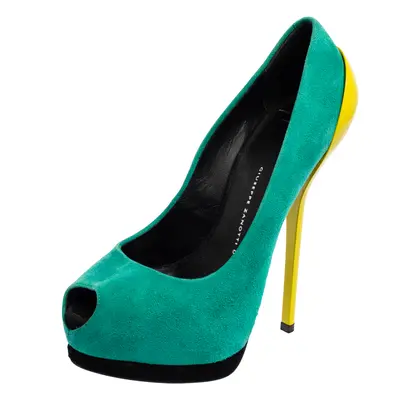 Giuseppe Zanotti Green/Yellow Suede And Patent Leather Peep Toe Platform Pumps Size