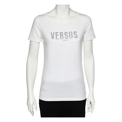 Versus Versace White Logo Embellished Cotton Knit T-Shirt