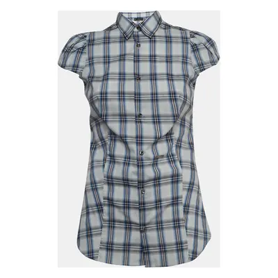 Dsquared2 Blue Checked Cotton Buttoned Short Puff Sleeve Shirt