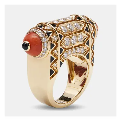 Cartier Geometry and Contrast Multicolor Gemstones Black Lacquer 18k Rose Gold Cocktail Ring Siz