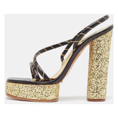 Marc Jacobs Black/Gold Leather Glitter Platform Slingback Sandals Size