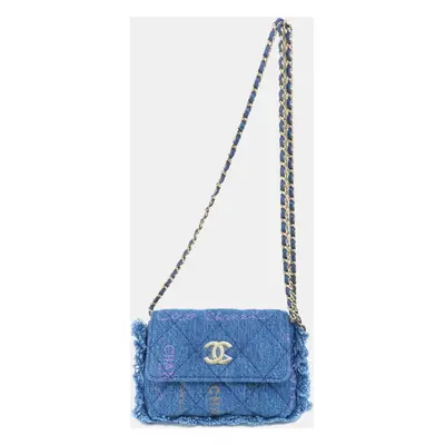 Chanel Logo Printed Quilted Fringe Denim Mood Flap Clutch with Chain