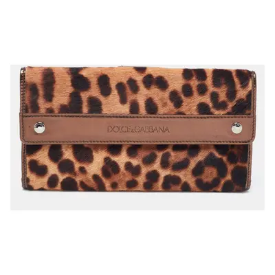 Dolce & Gabbana Brown Leopard Print Calfhair and Patent Leather Continental Wallet