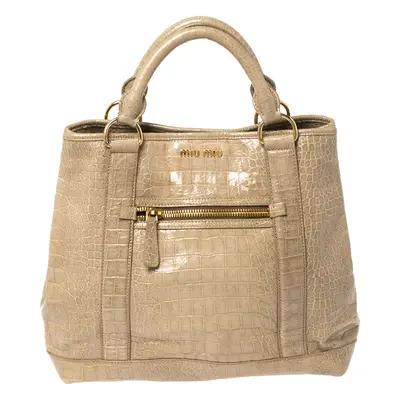 Miu Miu Pale Green Croc Embossed Patent Leather Front Zip Tote