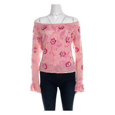 Escada Pink Tulle Overlay Floral Embellished Off Shoulder Blouse