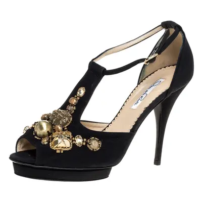 Oscar de la Renta Black Fabric Embellished Platform Ankle Strap Sandals 39.5