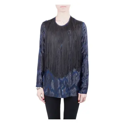 Yigal Azrouel Navy Blue Chevron Pattern Silk Fringe Detail Blouse