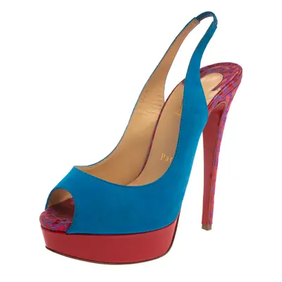 Christian Louboutin Blue/Red Suede And Fabric Lady Peep Sling Pumps Size