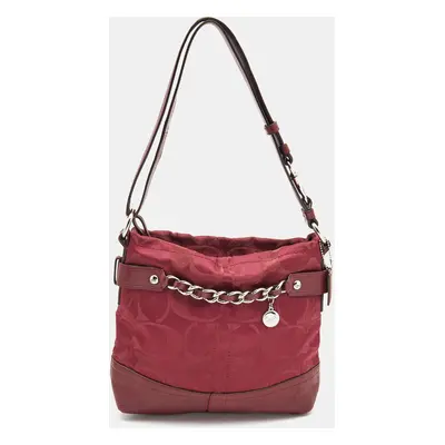 Coach Burgundy Signature Satin and Leather Chain Detail Hobo