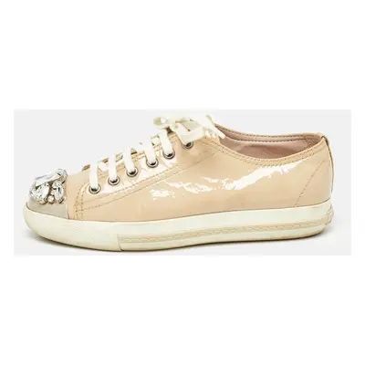 Miu Miu Beige Patent Leather Crystal Embellished Lace Up Sneakers Size