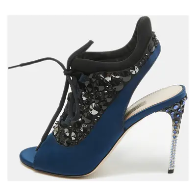 Miu Miu Navy Blue/Black Satin and Fabric Crystal Embellished Lace Up Slingback Sandals Size 39.5