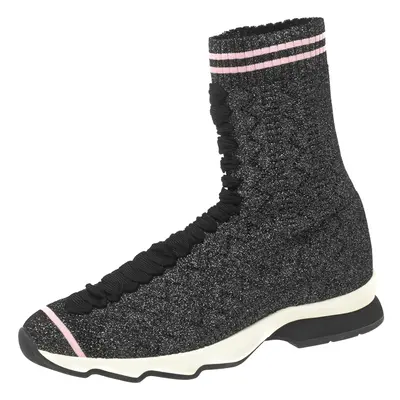 Fendi Black/Silver Glitter Knit Fabric High-Top Sock Sneakers Size