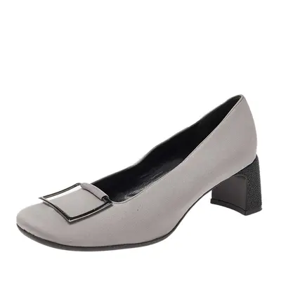 Gucci Grey Fabric Square Toe Metal Trim Block Heel Pumps Size 37.5