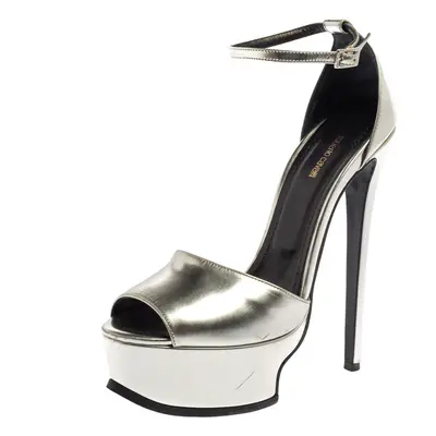 Roberto Cavalli Silver Leather Platform Ankle Strap Sandals Size