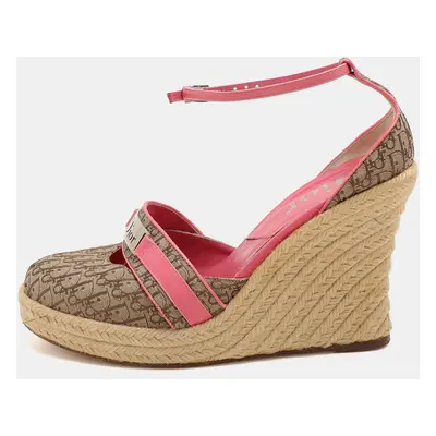 Dior Beige/Pink Canvas and Leather Wedge Espadrille Sandals Size