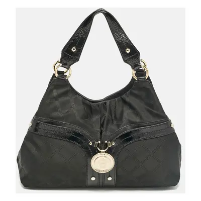 Versace Black Nylon and Patent Leather Logo Shoulder Bag