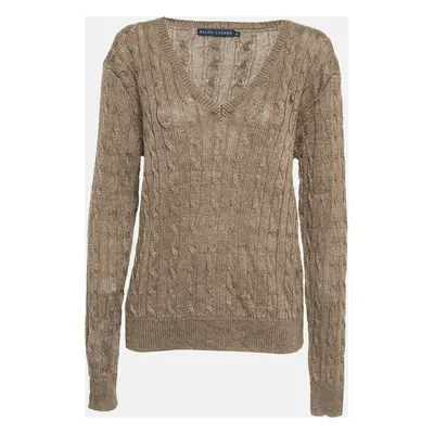 Ralph Lauren Brown Linen Cable Knit V-Neck Sweater