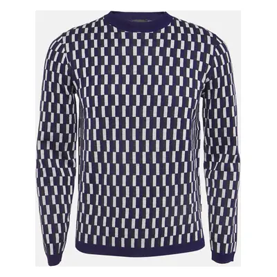 Emporio Armani Blue Printed Wool Knit Crew Neck Sweater