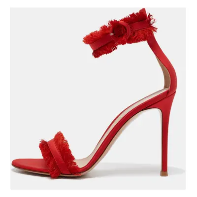 Gianvito Rossi Red Satin Frayed Caribe Ankle Strap Sandals Size 38.5