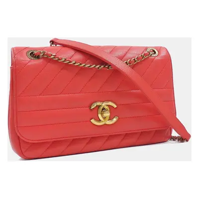 Chanel Red Calfskin Coco Mark Leather W Chain Shoulder Bag