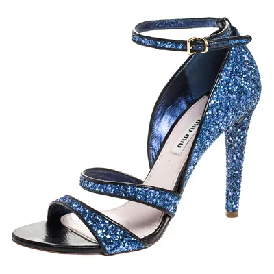 Miu Miu Metallic Blue Coarse Glitter Ankle Strap Sandals Size 38.5