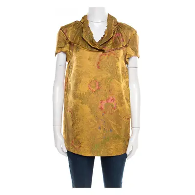 Marni Gold Floral Jacquard Frayed Trim Detail Cap Sleeve Top