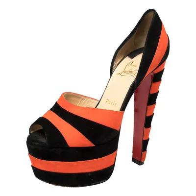 Christian Louboutin Black/Orange Suede Striped Platform Peep Toe Sandals Size