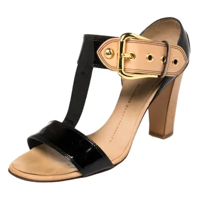 Giuseppe Zanotti Black/ Beige Patent Leather T Strap Ankle Strap Sandals Size