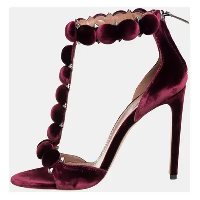 Alaia Burgundy Velvet Studded 'Bombe' T-Strap Ankle Cuff Sandals Size