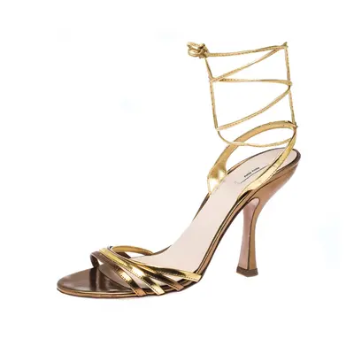 Miu Miu Metallic Gold Leather Ankle Wrap Sandals Size