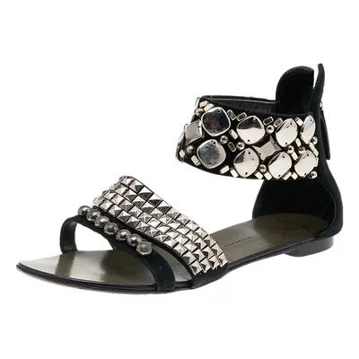 Giuseppe Zanotti Black Suede Studded Ankle Cuff Flat Sandals Size