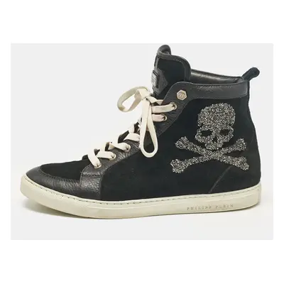 Philipp Plein Black Leather Suede Skull High Top Sneakers Size