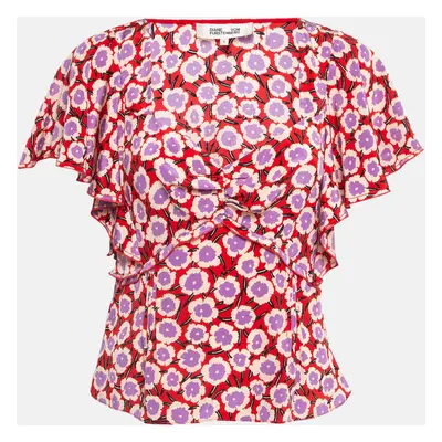 Diane Von Furstenberg Red Floral Print Silk Ruffled De Chine Top