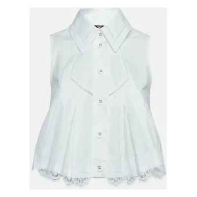 Elisabetta Franchi White Lace Trimmed Cotton Pleated Crop Shirt