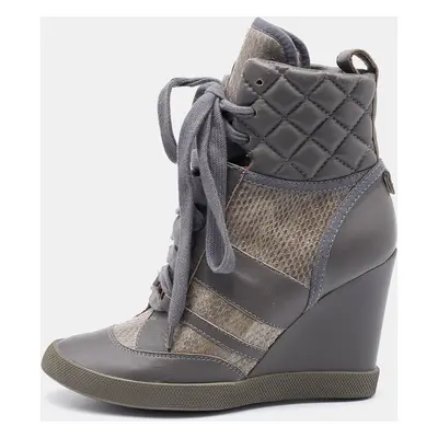 Chloe Grey Snakeskin and Quilted Leather Wedge Sneakers Size 37.5