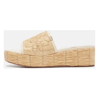 Valentino Beige/Cream Leather and Raffia Wedge Sandals Size