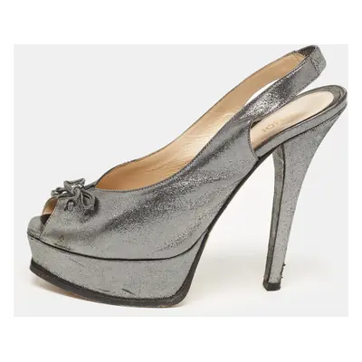 Fendi Grey Fabric Fendista Bow Peep Toe Slingback Platform Pumps Size