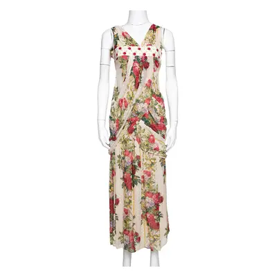 Kenzo Beige Polka Textured Floral Print Silk Draped Maxi Dress