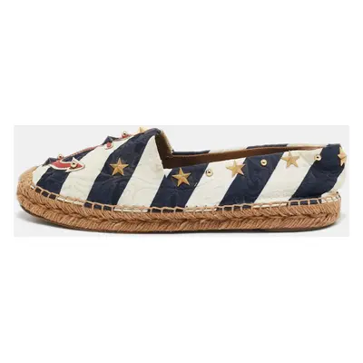 Dolce & Gabbana Navy Blue/White Stripe Fabric Star Studded Anchor Espadrille Flats Size