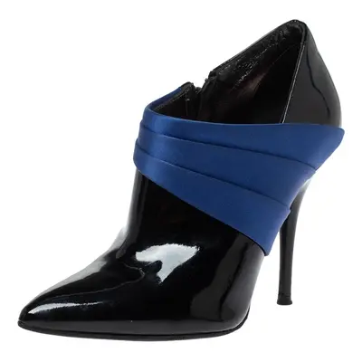 Casadei Black/Blue Pleated Satin and Patent Leather Ankle Booties Size