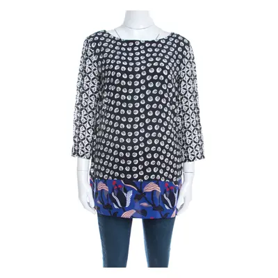 Escada Black Rose Motif Print Silk Contrast Panel Narayanin Tunic Blouse