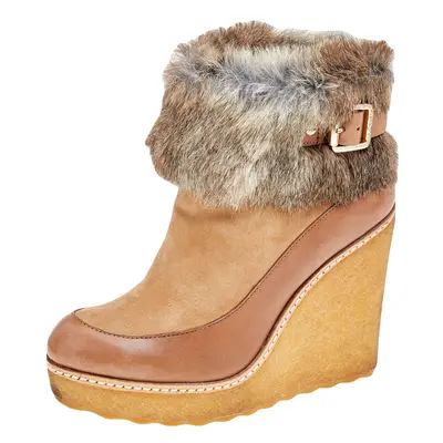 Tory Burch Tan Leather, Suede And Fur Wedge Ankle Boots Size