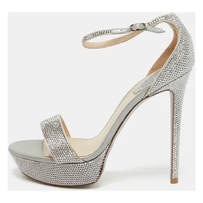 René Caovilla Grey Crystal Embellished Satin Platform Ankle Strap Sandals Size