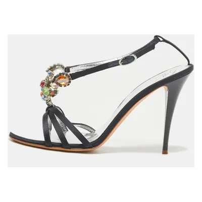 Giuseppe Zanotti Navy Blue Satin Crystals Embellished Ankle Strap Sandals Size 39.5