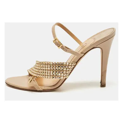 Gina Beige Leather Crystal Embellished Ankle Strap Sandals Size