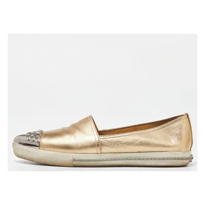 Miu Miu Gold Foil Leather Crystal Embellished Slip On Sneakers Size