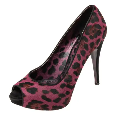 Dolce & Gabbana Two Tone Leopard Print Pony Hair Peep Toe Platform Pumps Size