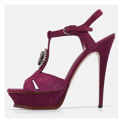 Yves Saint Laurent Purple Suede Buckle Detail Platform Ankle Strap Sandals Size