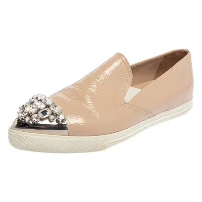 Miu Miu Beige Patent Embellished Cap Toe Slip On Sneakers Size